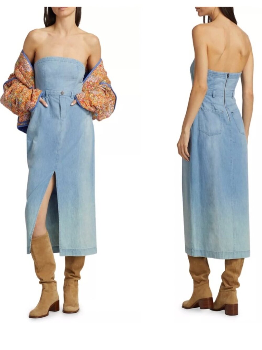 Free People Picture Perfect Strapless Light  Denim Front Slit Midi Dress Size 0